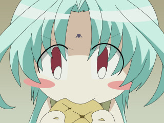 Blue hair cartoon girl food - a piece of food free wallpaper