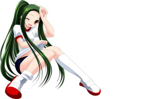 Green haired girl sitting crossed - flowing hair free wallpaper