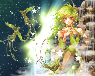 Girl green hair green dress 2 - a waterfall free wallpaper
