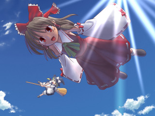 Flying girls sword broom sky - her hand and another girl free wallpaper