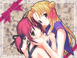 Anime girls hug pink bow - their neck free wallpaper