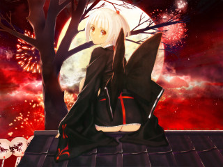 Woman roof fireworks kimono aurora - the sky above her free wallpaper