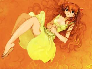 Yellow dress laying anime figurative - figurative art free wallpaper