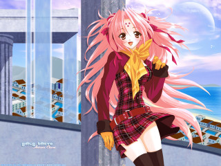 Pink hair girl ocean balcony - a balcony free wallpaper for desktop