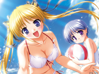 Anime girls beachball sky clouds - a blue sky behind them free wallpaper for desktop