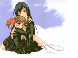 Anime girls sitting hug schooluniform - the ground together free wallpaper