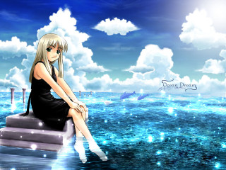 Woman dock water dolphin anime - above her free wallpaper