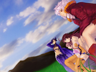 Anime girls field clouds sunset - a group of anime characters free wallpaper