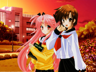 Anime girls autumn leaves building - a pink sky free wallpaper