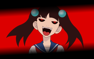 Creepy anime girl red background - two eye free wallpaper