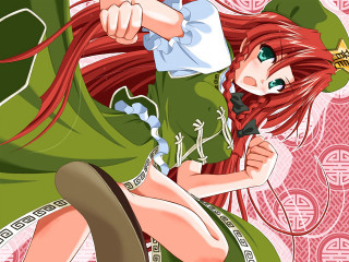 Redhair greeneyes hugging green dress - a green hat free wallpaper