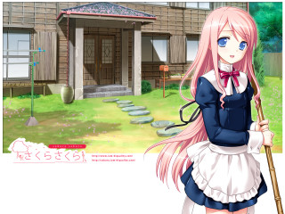 Pink haired girl broom garden - a house free wallpaper