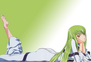 Woman lying green hair barefoot - official art free wallpaper for desktop