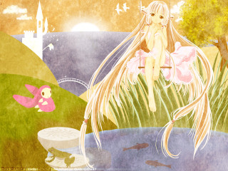 Girl swing field castle fish - a painting of a girl free wallpaper for desktop