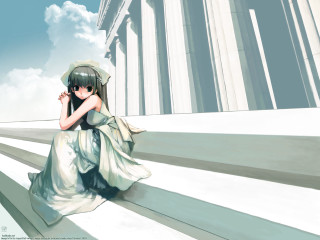 Gothic anime portrait woman sitting - the step of a building free wallpaper