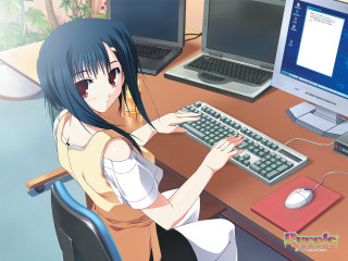 Blue haired girl sitting desk - a desk free wallpaper