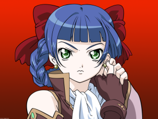 Anime girl bluehair greeneyes redbackground - character portrait free wallpaper