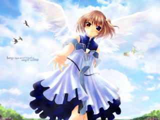 Angelic girl blue dress wings - magical realism free wallpaper