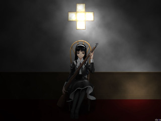 Gothic anime woman gun cross - a chair holding free wallpaper for desktop