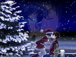 Romantic anime snowy christmas reindeer - a couple of people free wallpaper