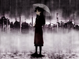 Woman rain umbrella city magic - a city in the distance free wallpaper
