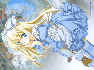 Cartoon girl blonde blue dress 2 - a white teddy bear free wallpaper for desktop