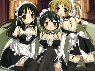 Three anime maid girls green - maid outfit free wallpaper