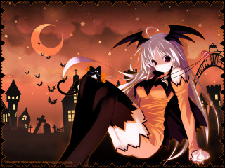Demon girl halloween cat moon - a floor free wallpaper