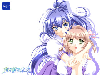 Anime girls hug japanese illustration - a white background behind them free wallpaper