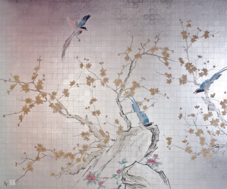 Birds flying tree flowers branches - in gouache free wallpaper
