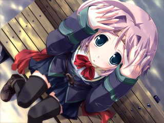 Anime girl red bow bench - her hand behind her head free wallpaper for desktop