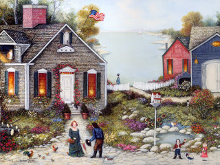 Couple walking towards house flag - american impressionism free wallpaper