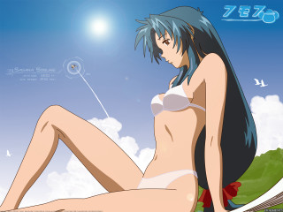 Blue sky bikini sitting portrait - free bikini wallpaper