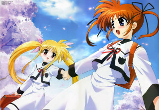 Anime girls sky trees cherry - two anime girl free wallpaper