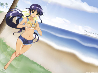 Cartoon girl beach bird anime - her hand and a bird free wallpaper