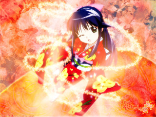 Anime girl red kimono autumn - a yellow object free wallpaper