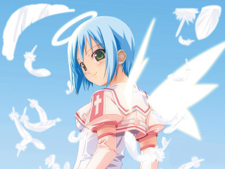 Angelic bluehair greeneyes clouds wings - angelic free wallpaper