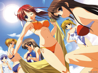 Anime girls bikini sky sun - the sun shining behind them free wallpaper