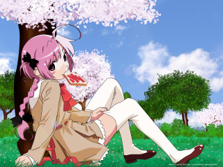 Girl bird under tree flower - her mouth free wallpaper