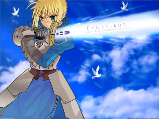 Blue dress sword bird anime - the sky behind her free wallpaper