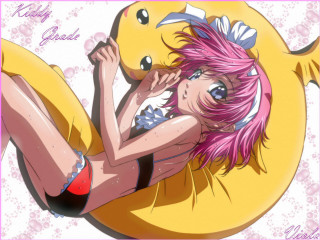 Pink haired girl lying yellow - a yellow object free wallpaper