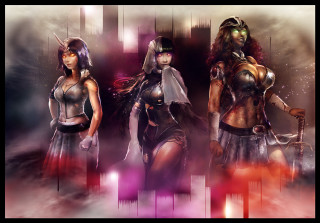 Three women futuristic outfits cityscape - a cityscape background free wallpaper