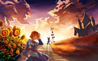 Girl sunflowers castle dusk flower - a painting of a girl free wallpaper for desktop