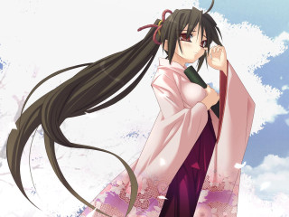 Woman kimono sky clouds flowers - a long black hair free wallpaper