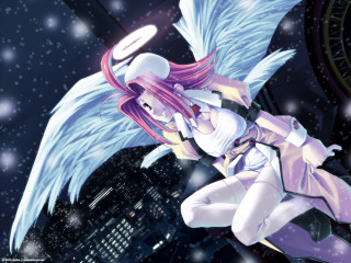 Pink hair angel wings city - a city free wallpaper
