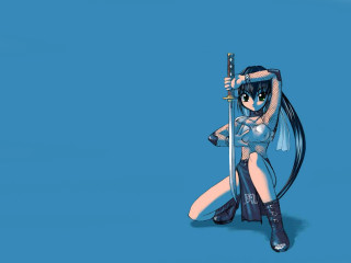 Woman sword holding blue background - anime visual free wallpaper