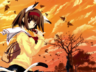 Girl backpack cat sunset birds - free autumn wallpaper