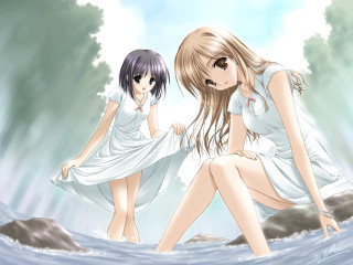 Two anime girls sitting rock - their back free wallpaper