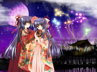Anime girls purple sky fireworks - firework free wallpaper for desktop