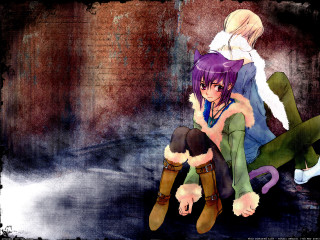 Anime couple cat ears brick - a brick wall behind them free wallpaper